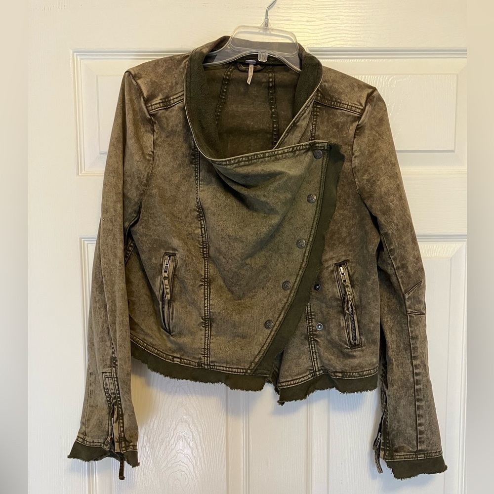 Free People Draped Denim Moto Army Green Jacket size M